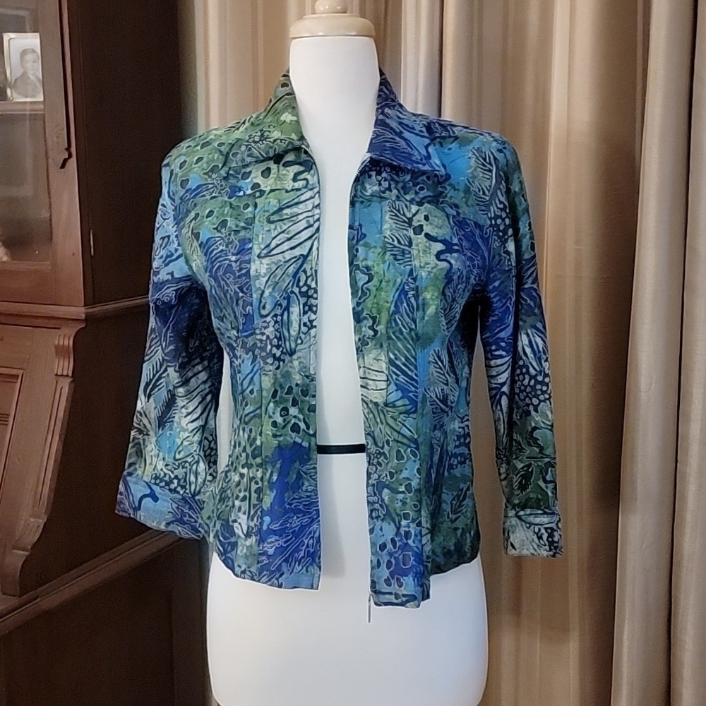 Ruby Rd. Petites Zip-Up Jacket Blue Green Abstract - Picture 6 of 8
